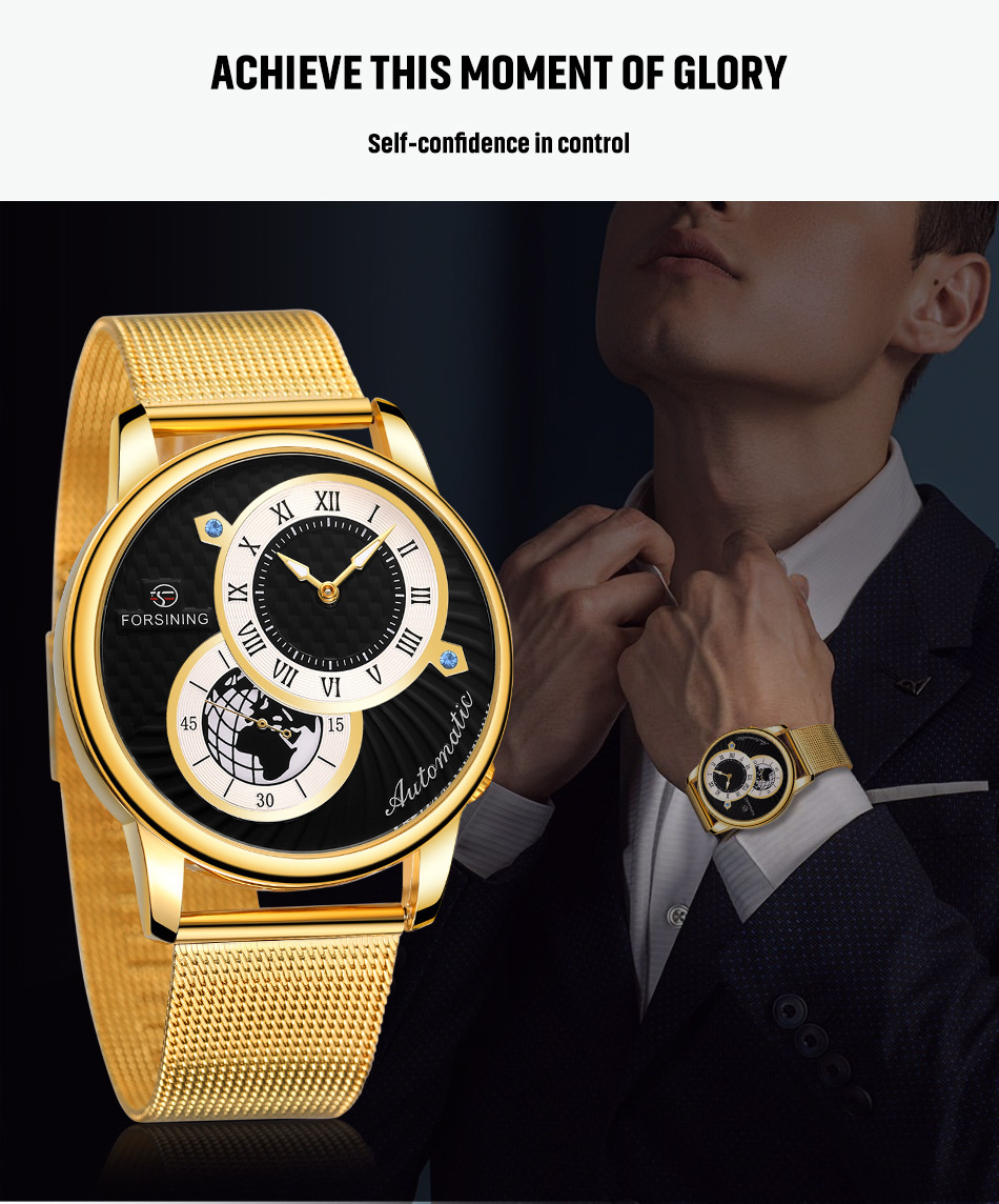 Men's Mechanical Watch With Earth Pattern And Leather Steel Strap_voghion.com