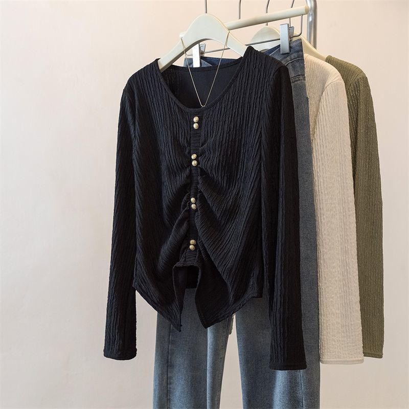 Early Autumn plus size Chubby Sister Single-breasted Texture Long-sleeved T-shirt Female Temperament Slimming Western Style Early Autumn Top