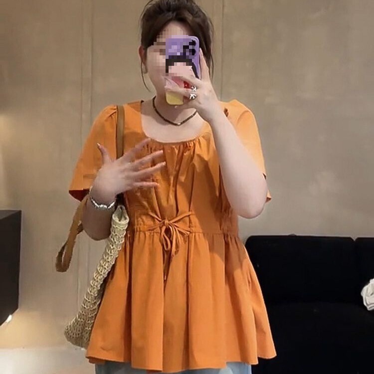 Drawstring Top That Covers the Belly, Slimming Short-Sleeve Shirt for Women, Extra Large Size, New Summer Style, French Style Drawstring Top That Covers the Belly, Slimming Short-Sleeve Shirt for Women, Extra Large Size, New Summer Style, French Style