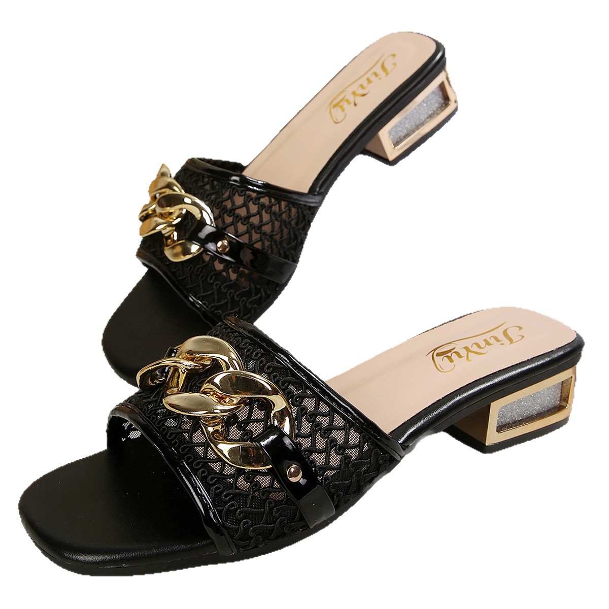 Sandalias Mules de Punta Cuadrada de Cuero Sintético con Tacón Ancho para Verano