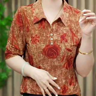 一件代发爆款洋气翻领印花妈妈装2026春夏季宽松七分袖T恤女上衣