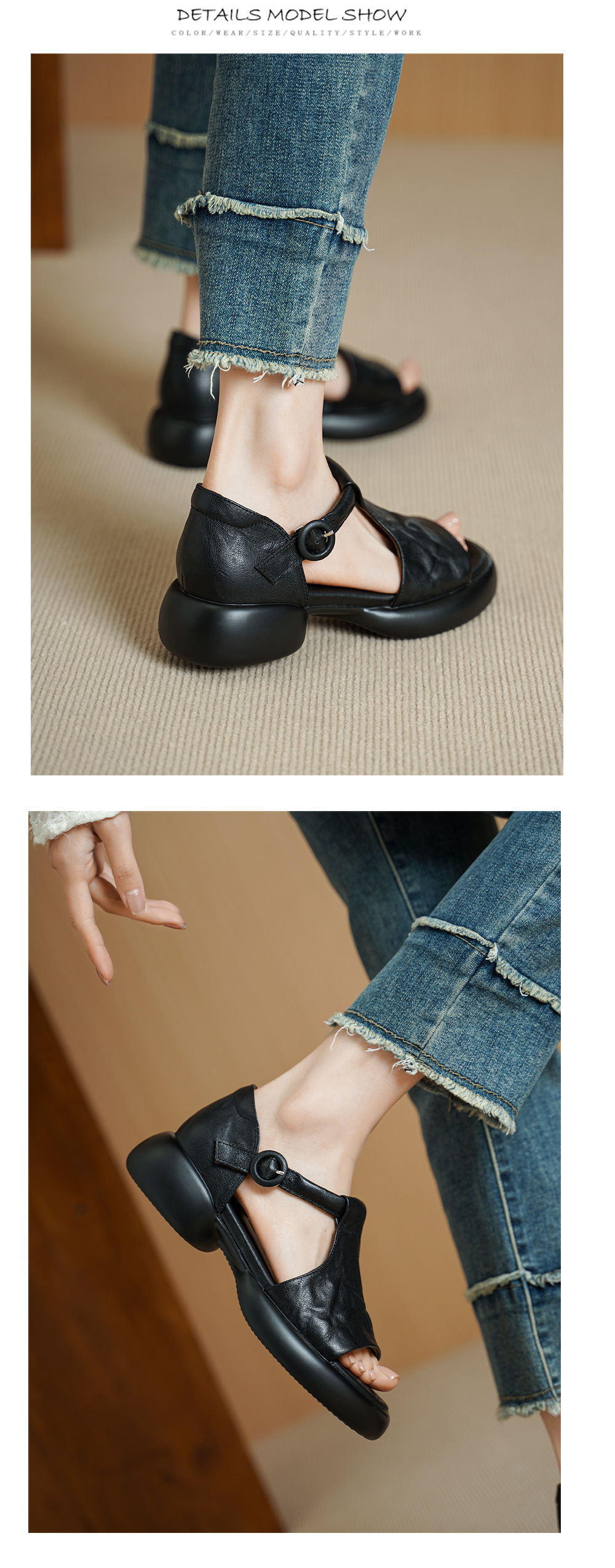 Sandal nữ da cừu mềm đế dày hở mũi, quai chữ T, gót thấp 3 cm, dán ma thuật — Vàng nâu chi tiết 9