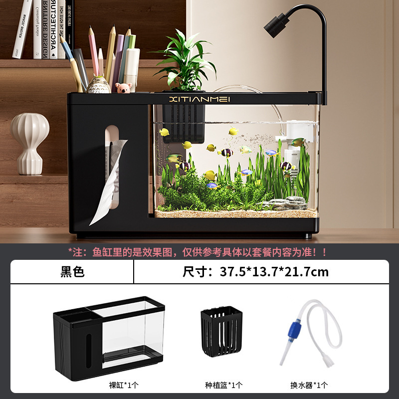 家用桌面创意鱼缸纸巾盒客厅生态斗鱼缸办公桌高透小型水培饲养缸|undefined