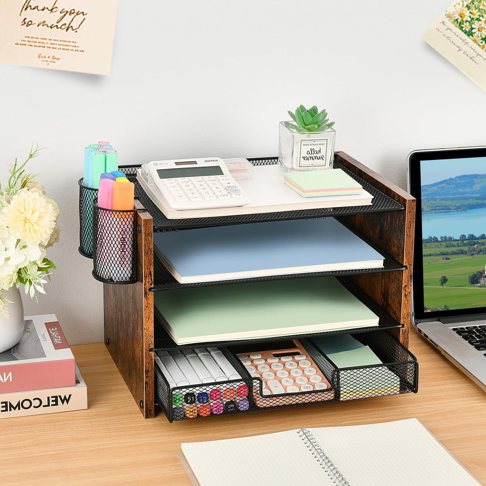 Desk Organizer and Accessories 4 Layers Paper Letter Tray File Storage Box with Drawer Pen Holder Desk Accessories