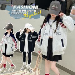 女童休闲秋装棒球服潮中大童春秋新款条纹洋气拼接洋气蕾丝拉链衫