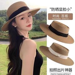 2025新款法式平顶草帽女大头围海边沙滩礼帽编织防晒太阳帽子夏季