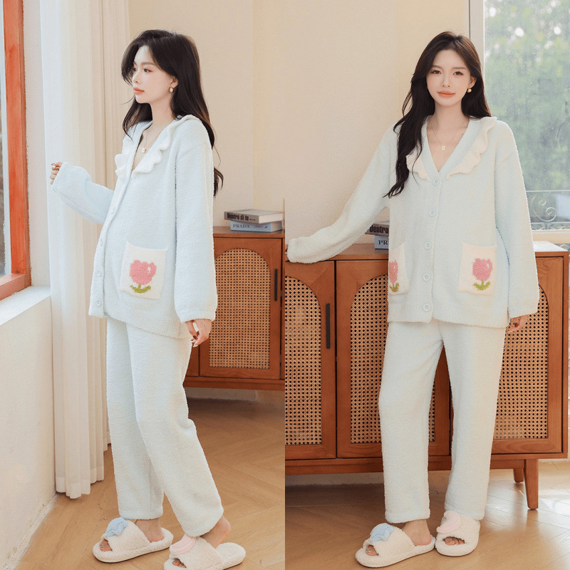 J ZHEN 6월 10일 명상 임산부 산후복 반벨벳 가을 겨울 잠옷 정장 여성 겨울 두꺼운 긴팔 따뜻한 집