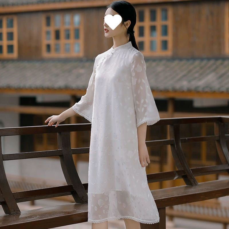 Шифоновое улучшенное свободное платье Cheongsam в китайском стиле, литературная ретро-сказочная юбка, белая юбка средней длины с рукавами-колокольчиками