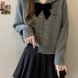 韩系学院风针织开衫外套女秋季海军领软糯毛衣胖MM显瘦蝴蝶结上衣
