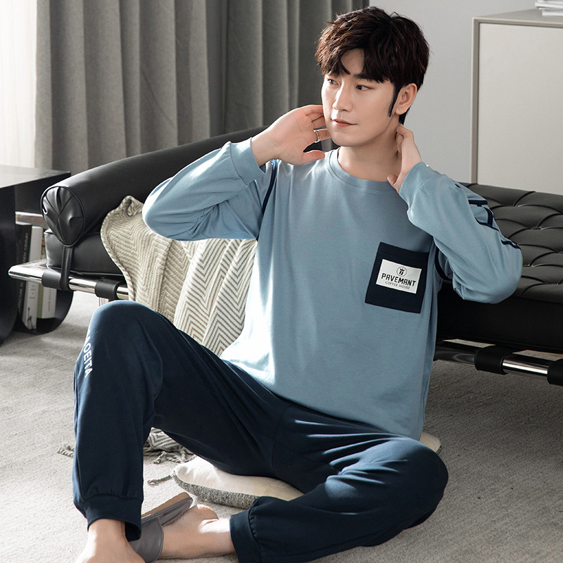 Nuevo traje de ropa para el hogar de algodón puro para hombres pijamas pantalones de algodón de manga larga para hombres delgados de primavera y otoño se pueden usar fuera suéter de cuello redondo