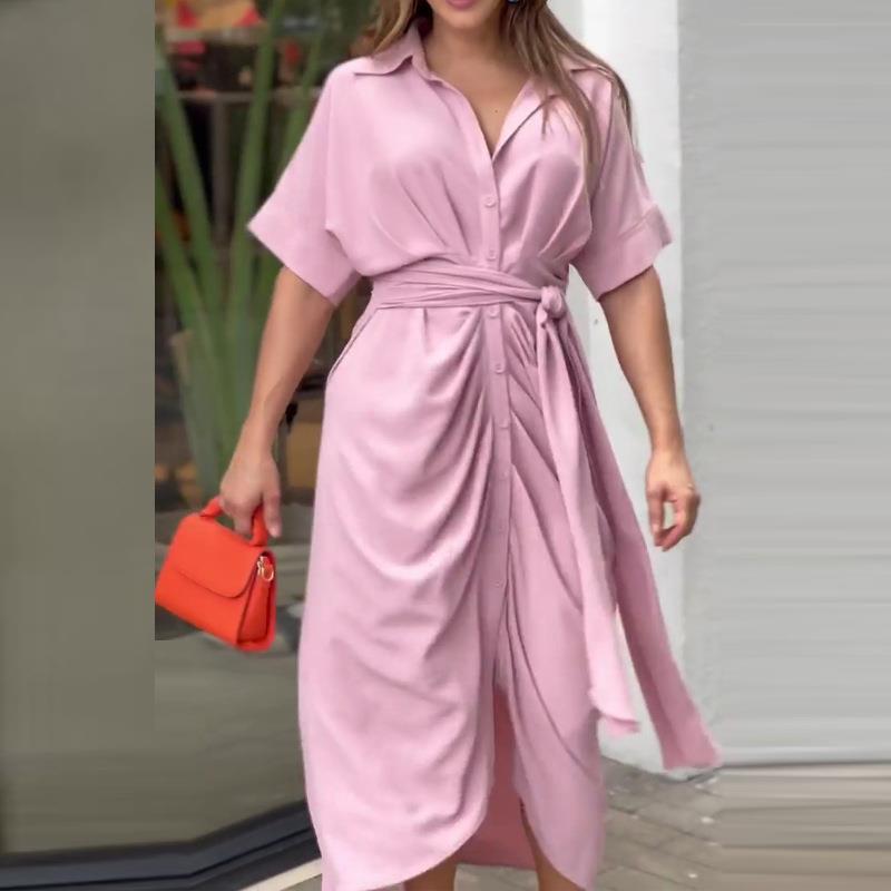 Women's Sheath Dress Streetwear Turndown Shirt Collar Pleated Short Sleeve Solid Color Midi Dress Holiday Beach display picture 2