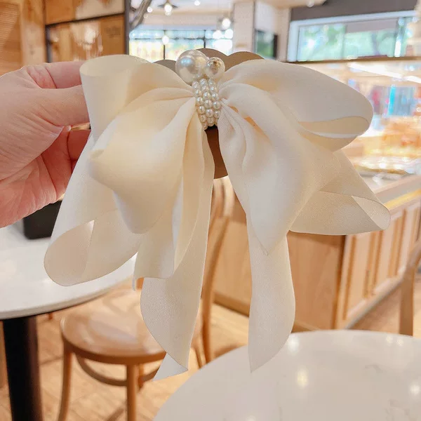Internet Celebrity Spring Clip Hair Accessories Back of Head Ponyon Tail Headwear Chiffon Bow Pearl Hairpin Korea