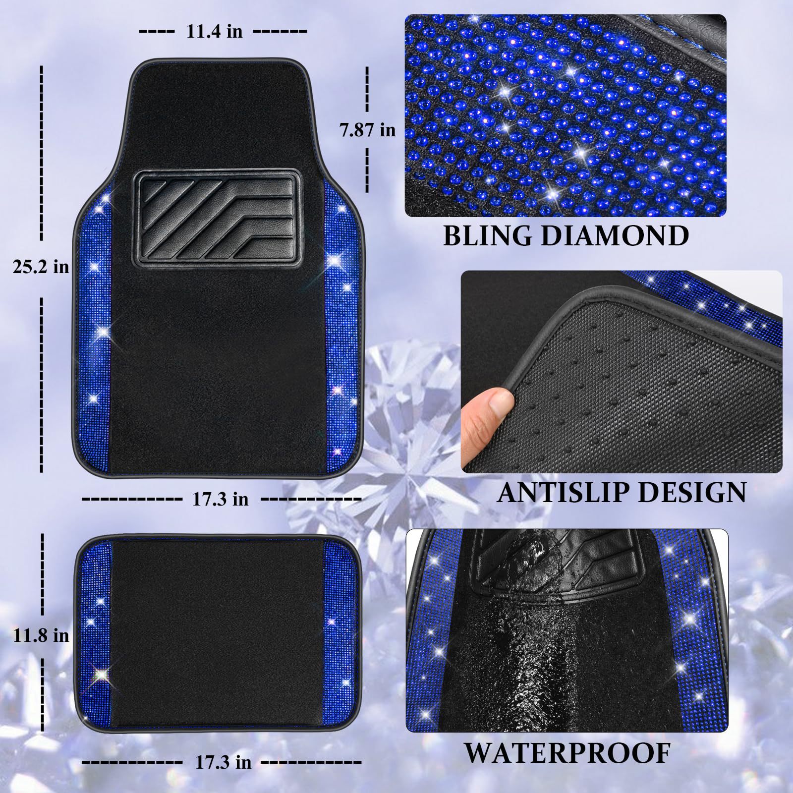 Cross-Border Foreign Trade Crystal-Encrusted Diamond Car Floor Mats, Universal Fashionable Shiny Carpet, Pvc Waterproof and Dirt-Resistant 4-Piece Set