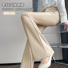 実写スポットのラッパズボンの女性2025春の古いお金のカーキ色の高い腰のカジュアルなスーツのズボンの修身はやせている弾力のズボンを現します。
