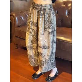 新款阔腿弯刀裤女复古印花宽松高腰休闲气质百搭九分裤子