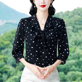 2026夏季新款七分袖时尚衬衫飘带百搭显瘦减龄雪纺山女装上衣批发