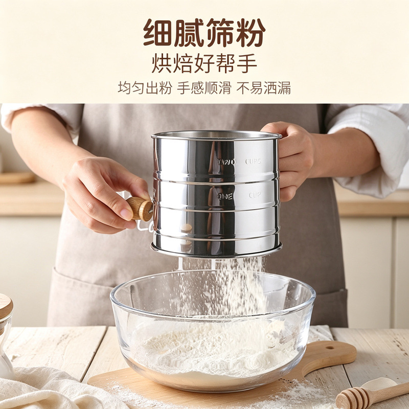 Tamizador de Harina Tipo Taza Acero Inoxidable 430 con Escala Manivela Manual para Hornear