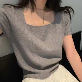 韩版新款方领针织衫气质高级感简约薄款短袖套头针织衫上衣女T恤