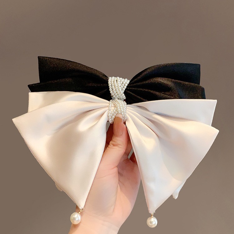 New High-end Pearl Bow Spring Clip French Elegant Satin Pearl Pendant Head Small Hairpin Hairpin