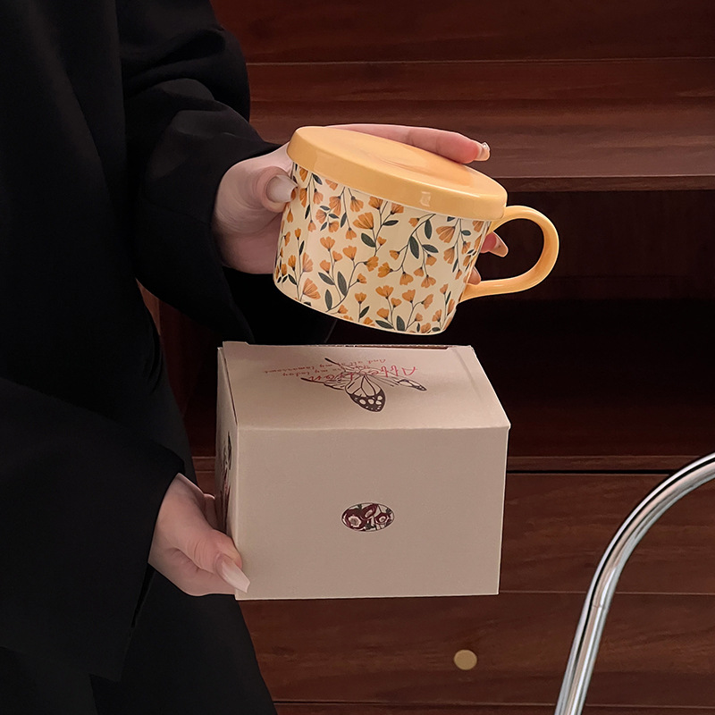 Retro pinturas al óleo de flores de conejo tazas de café y platos de cerámica tazas de café caja de regalo para el hogar diario