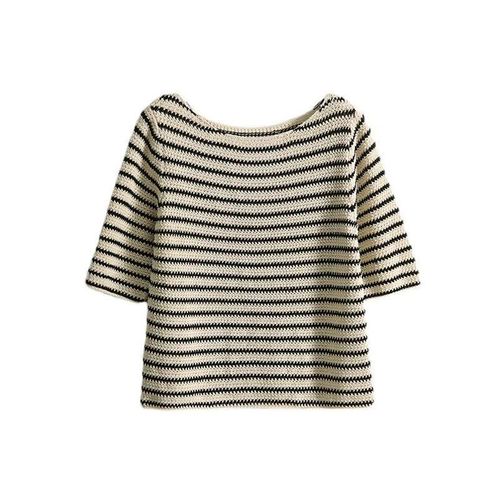 Women's Summer Collared Knit T-Shirt with Striped Patterns, Loose Fit, Stylish and Elegant Short-Sleeve Top
