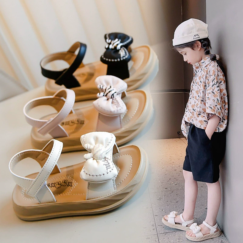 Сандалии для девочек, новинка лета 2023, обувь принцессы в клетку с бантом для маленьких девочек, нескользящая обувь принцессы на мягкой подошве, детская пляжная обувь
