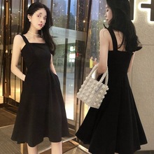 春秋黑色吊带裙女夏收腰显瘦裙子法式赫本小黑裙外穿背带裙连衣裙