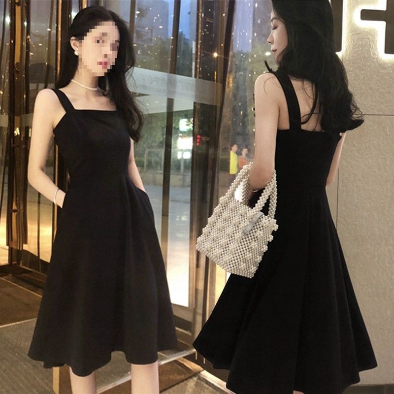 春秋黑色吊带裙女夏收腰显瘦裙子法式赫本小黑裙外穿背带裙连衣裙