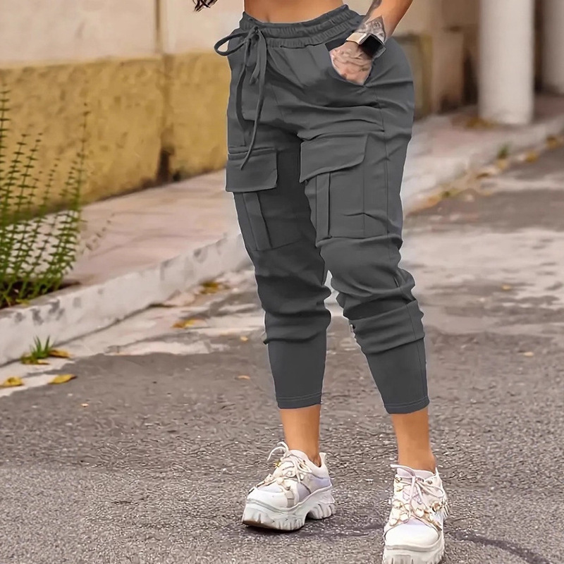 European and American Style Autumn and Winter Women's Outdoor Yoga Sports Pants with Pockets, Elastic Cuffs, Suitable for Running, Hiking, and Casual Wear, in Stock