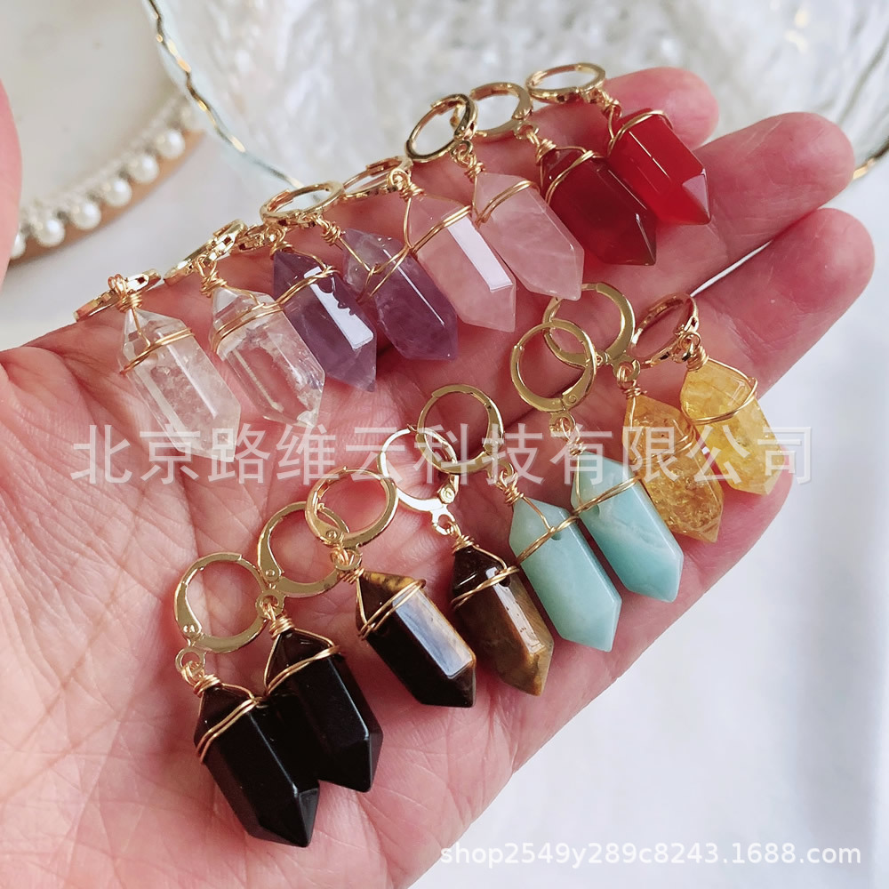 Pendientes de cristal natural de estilo explosivo transfronterizo, bala de doble punta, pequeña columna hexagonal, aretes de amatista de ágata roja, mujer