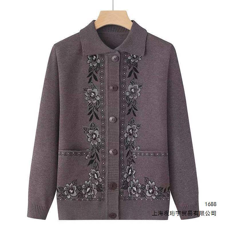 奶奶针织翻领百搭中老年人春秋开衫毛衣外套妈妈老太太衣服上衣