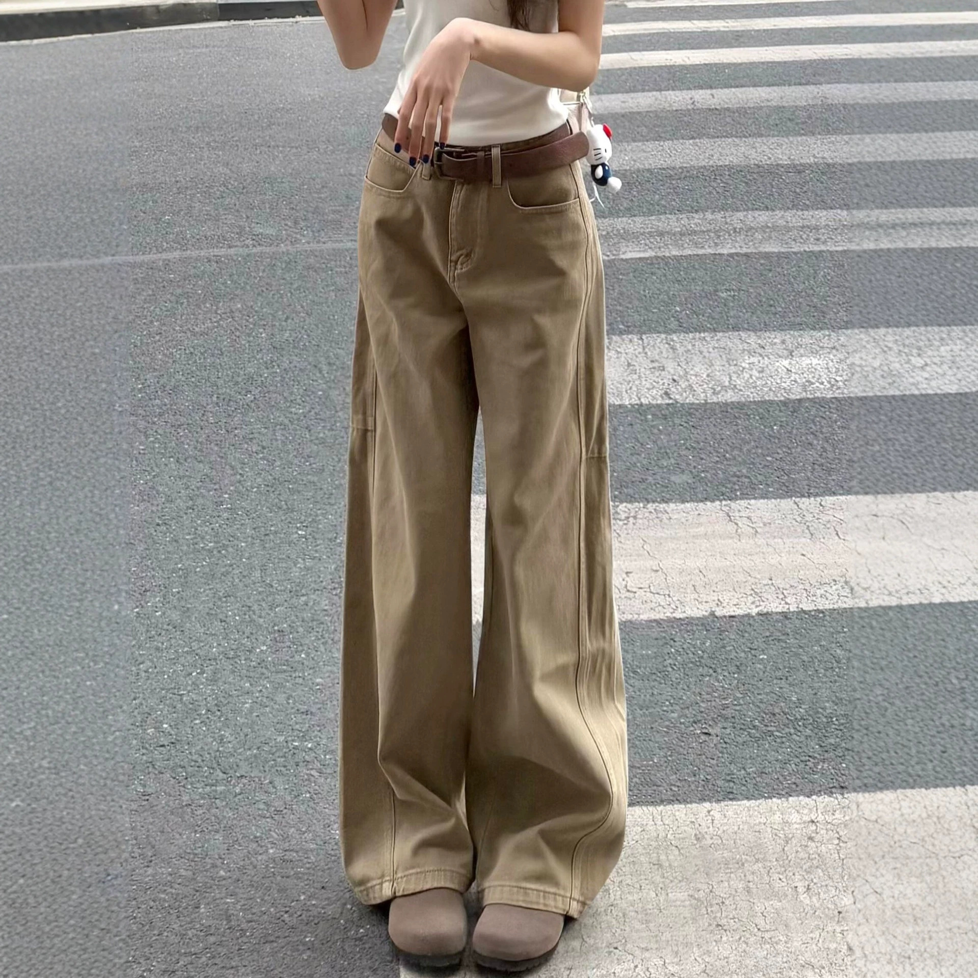 American retro khaki straight-leg jeans for women, new summer style for plus-size girls, high-waisted, loose-fitting, slimming wide-leg pants