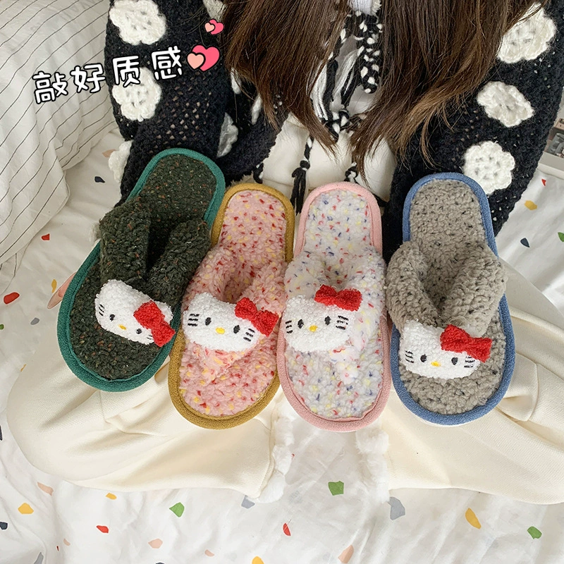 Милые однотонные домашние плюшевые тапочки с рисунком «Hello Kitty», осенне-зимние новые стильные удобные модные хлопковые тапочки с мягкой подошвой для женщин