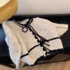 韩系慵懒圆领拼色毛衣开衫女2025秋冬新款洋气系带小个子针织上衣