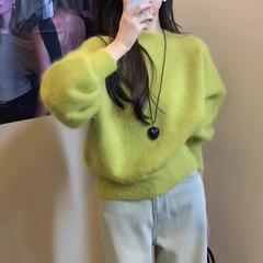 奶fufu软糯仿水貂绒圆领毛衣女秋冬慵懒风内搭针织衫宽松上衣女潮