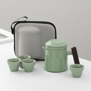 Portable Ru kiln travel tea set Small set simple outdoor portable tea cup camping Express Cup One Pot Four Cups