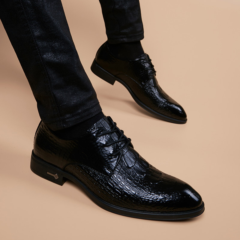 Men's Leather Shoes Pointed Toe Korean Genuine Leather Bridegroom Wedding Shoes Crocodile Pattern Youth British Height Increased Business Dress Leather Shoes
