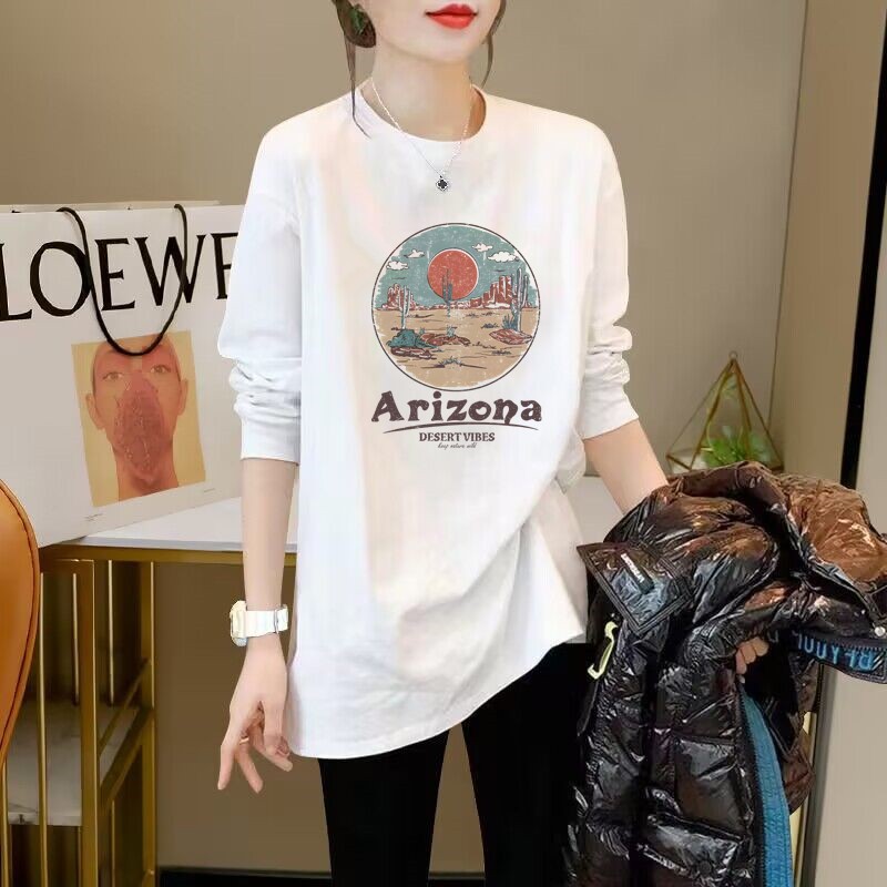 长袖t恤女中长款遮屁股鲨鱼裤搭配的上衣宽松显瘦内搭打底衫纯棉