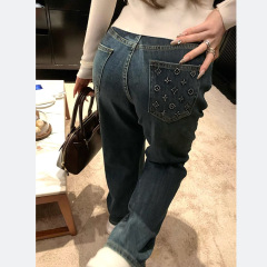 Panpan 老眼フォーミュラ老眼ホットダイヤモンドハイウエストジーンズ女性の秋と冬のルーズワイドレッグパンツ小柄な人向け