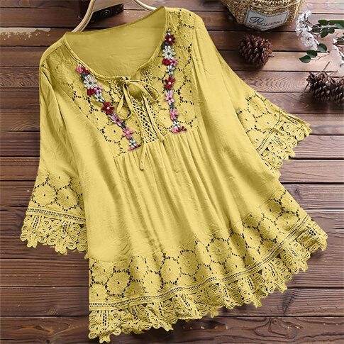 New 2026 Summer Amazon Cotton-Linen Spliced Lace Trim Elegant European and American Style Loose-Neck Women's Top