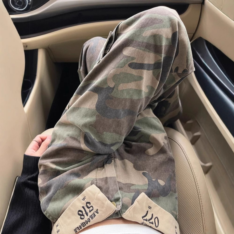 Petite New American Style Spicy Girl Camouflage Denim Cuffed High Street Design Versatile Straight Slimming Wide-Leg Pants for Women