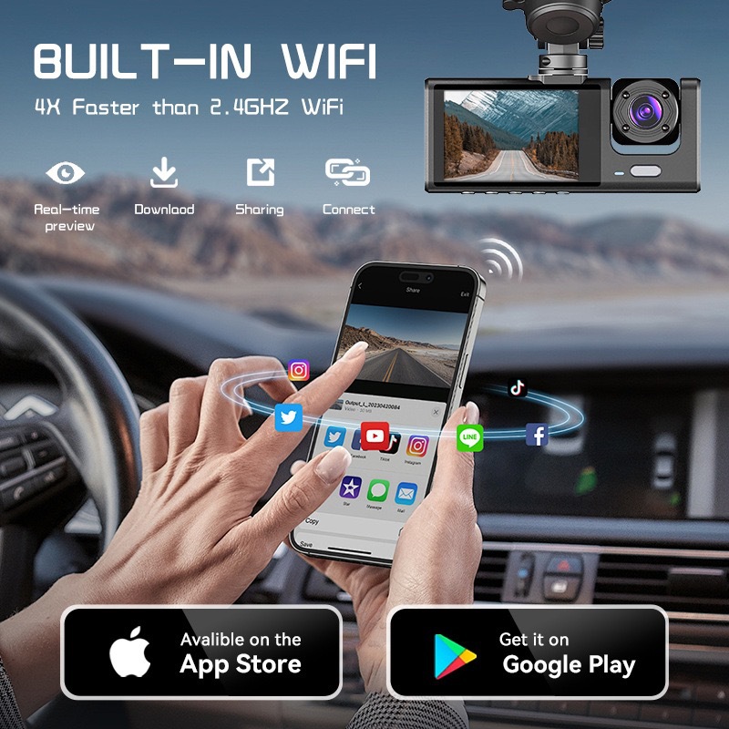 Overseas Hot-Selling Model C309 Three-Way Dash Cam with High-Definition Night Vision, Parking Monitoring, and Mobile Phone Connectivity for Vehicle Recording
