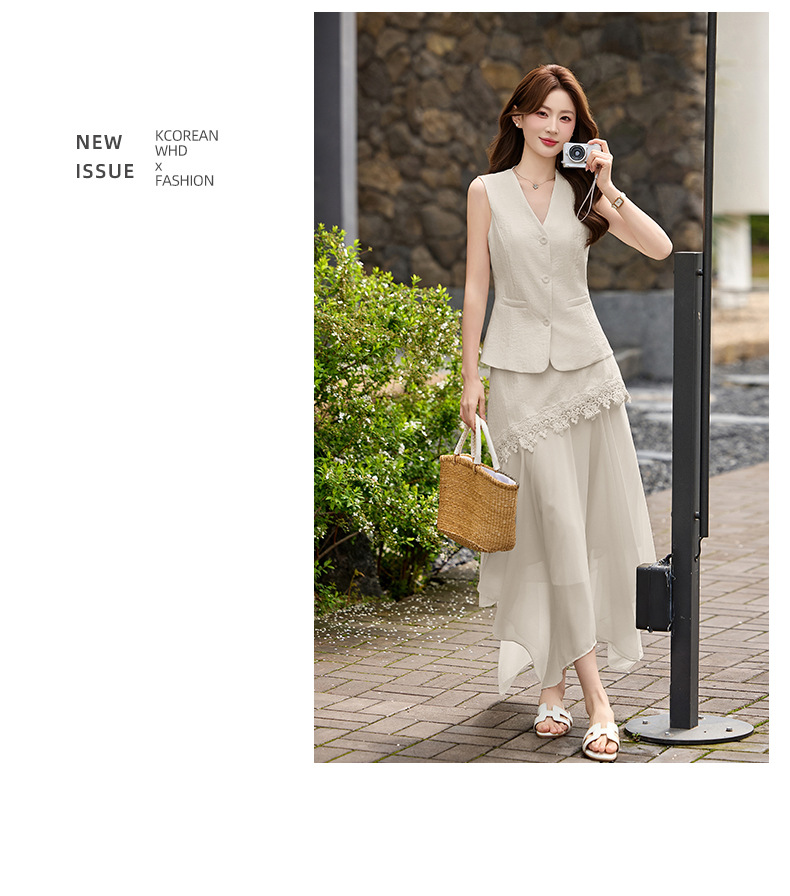 Bộ áo gile không tay và chân váy nữ cao cấp 2026 thiết kế thanh lịch tôn dáng hai mảnh YH6127 — Sữa hạnh nhân, màu trắng ngà chi tiết 27