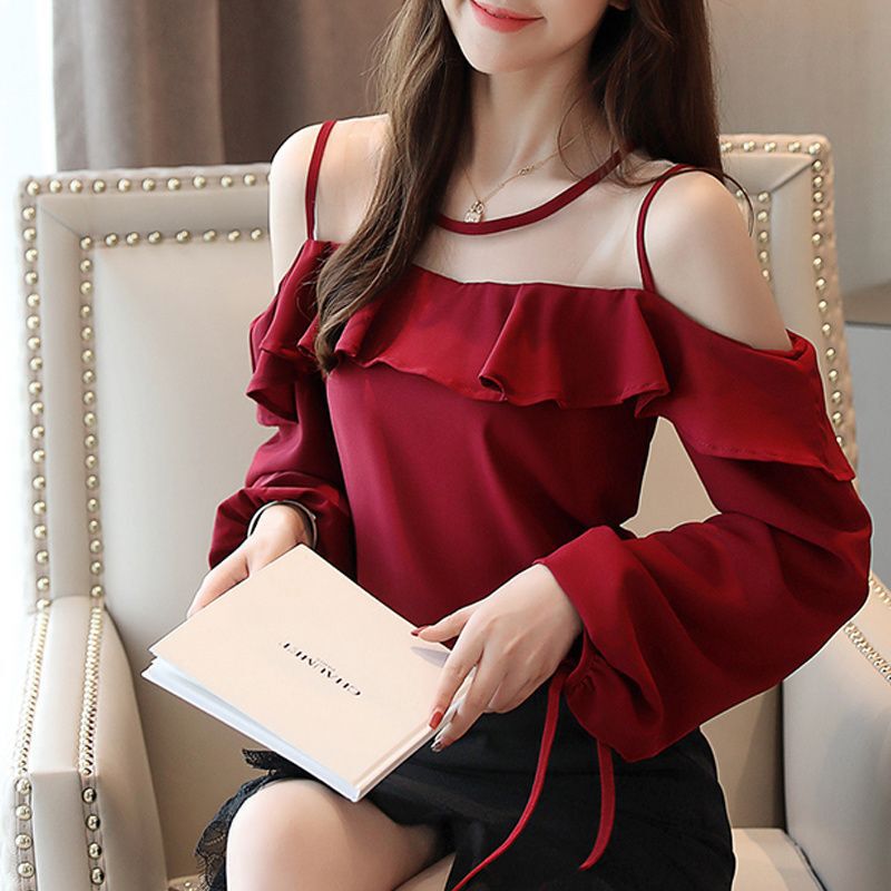 Jinbukang's Very Stylish Chiffon Shirt for Women in Autumn and Winter, Off-The-Shoulder, Loose-Fitting, Tummy-Concealing, with Lace and Mesh Stitching