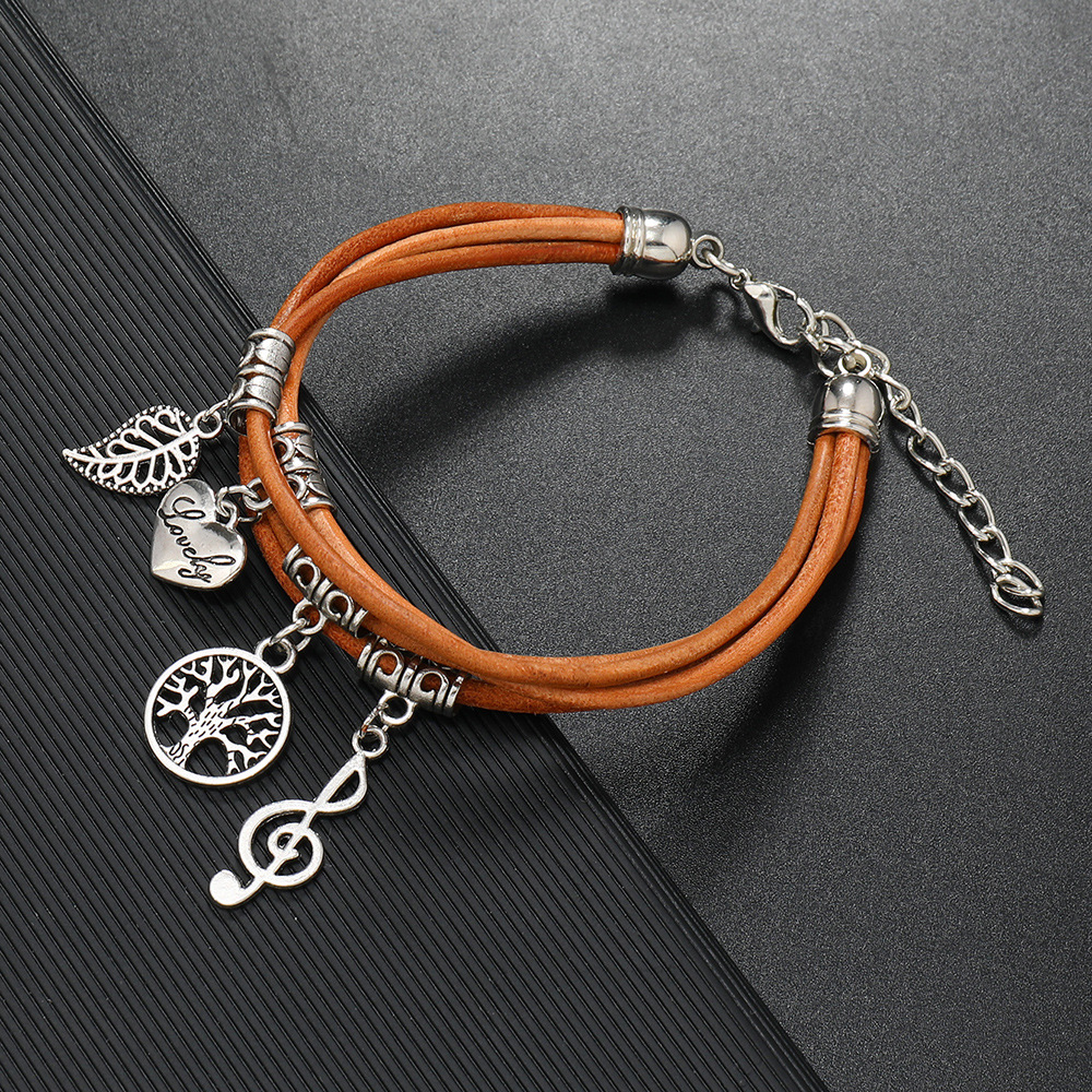 Retro Cross Leaf Notes Pu Leather Alloy Plating Unisex Bracelets display picture 23