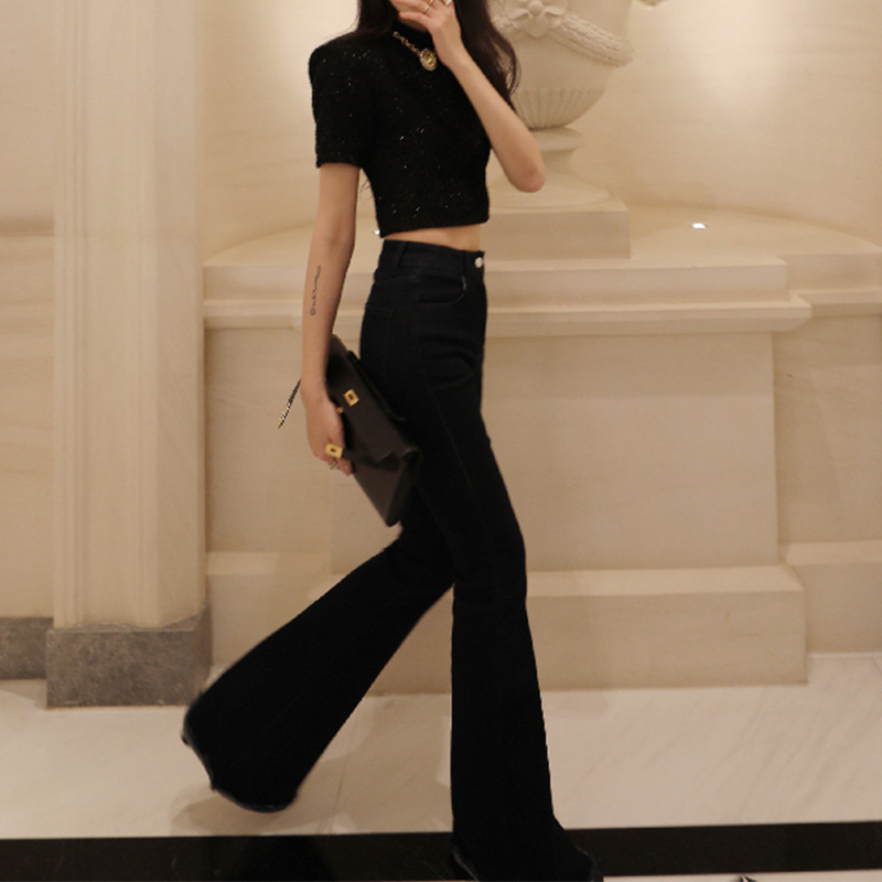 Big Sale Model Spot Black Bright Silk Half Turtleneck Short-Sleeved T-Shirt for Women 2023 Versatile Design Non-Returnable