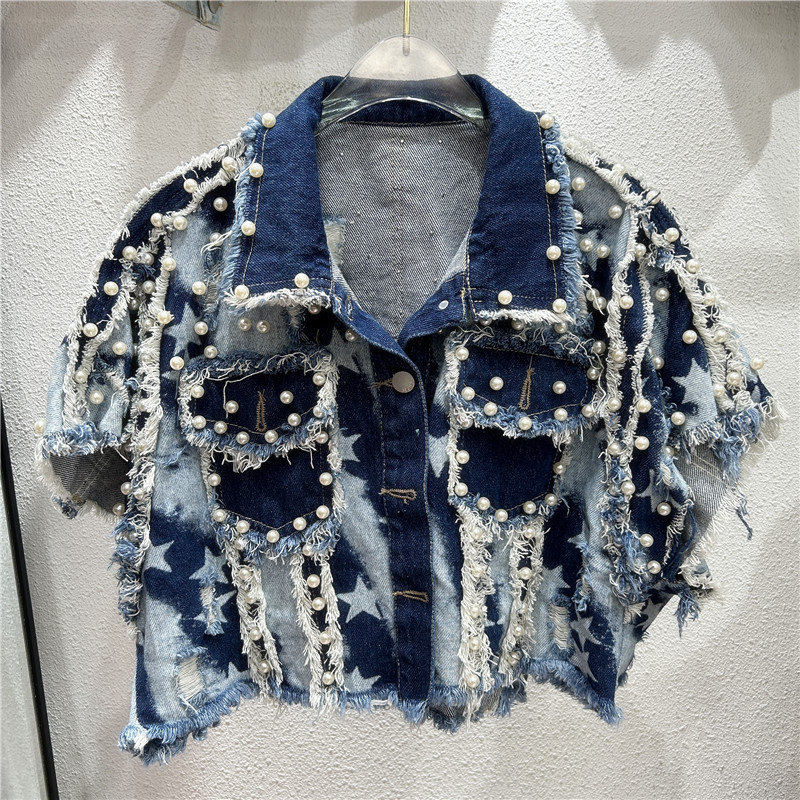 Estación europea 2024 nuevo estilo de moda teñido de clavos pesados chaleco de vaquín de perlas chaleco de mujer abrigado abrigo corto image 1