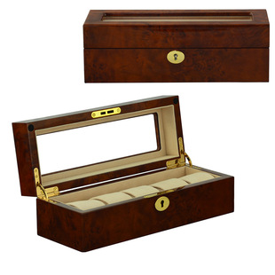 Manufacturer Wholesale Cross-Border 5-Digit Wooden Watch Box Storage Box Dark Yellow Watch Packaging Box with Window