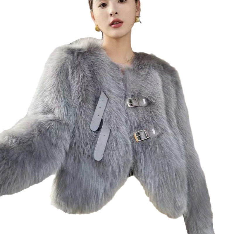 Women's Clothing plush top windbreaker short double breasted leather buckle high end slim environmentally friendly wool warm fur coat_voghion.com