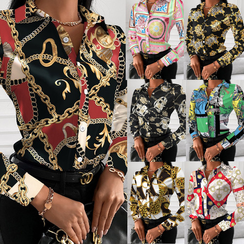 Wish Amazon Autumn Loose Long-Sleeve V-Neck Button Print Shirt Women's